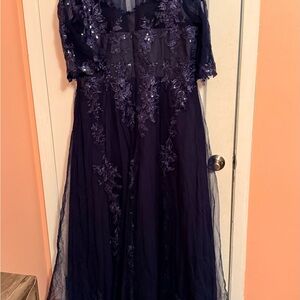Navy Embroidered Tulle Evening Gown